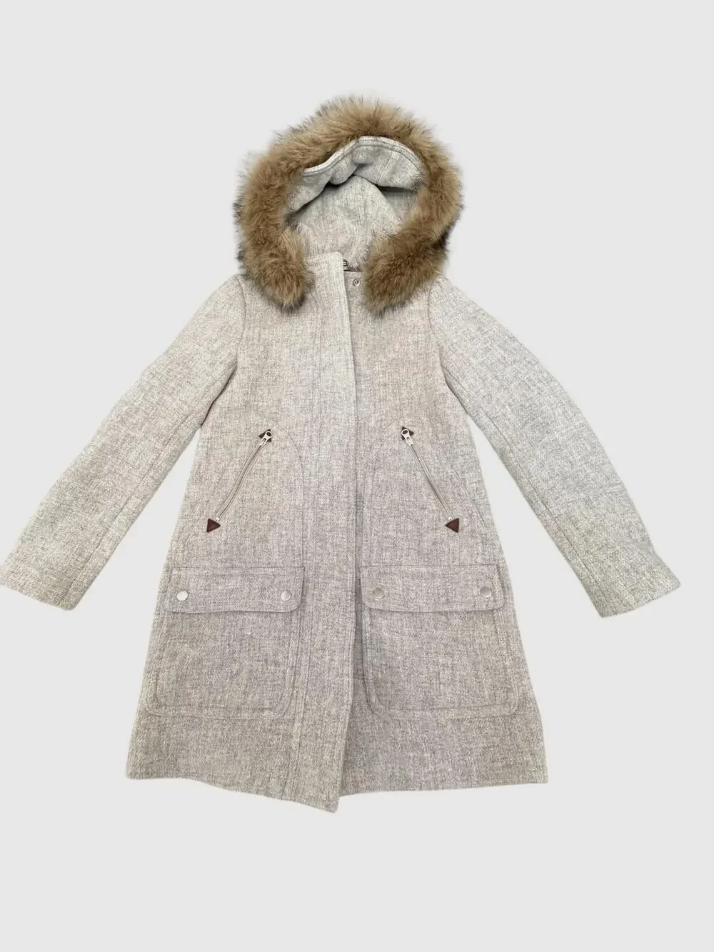 J.Crew Coat Womens 0 Gray Italian Wool Hooded Parka Faux Fur Trim Zip Pockets
